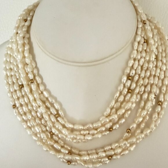 VINTAGE 5 STRAND FRESHWATER RICE PEARL NECKLACE 14K GOLD FILGREE CLASP 31" OPERA - Picture 6 of 8
